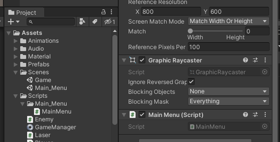 MainMenu script in Canvas Inspector as added component